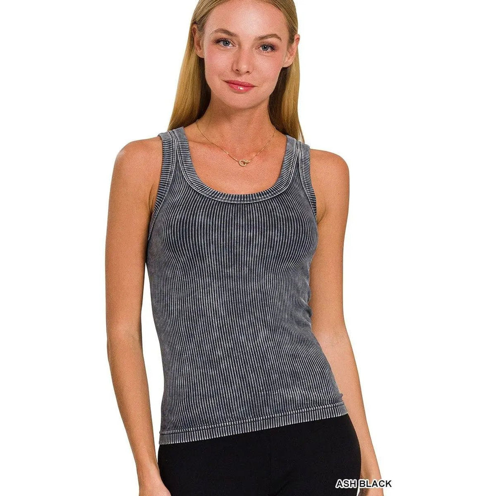 2 Way Neckline Washed Ribbed Cropped Tank Top - LECCE