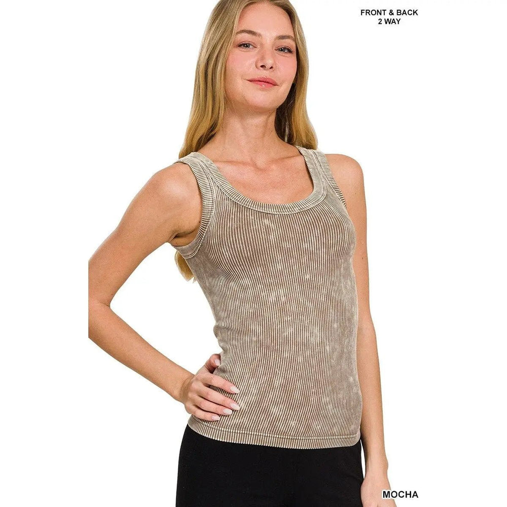 2 Way Neckline Washed Ribbed Cropped Tank Top - LECCE