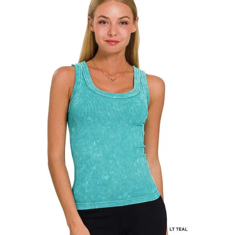 2 Way Neckline Washed Ribbed Cropped Tank Top - LECCE
