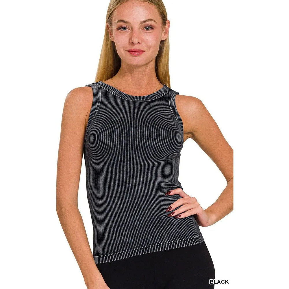2 Way Neckline Washed Ribbed Cropped Tank Top - LECCE