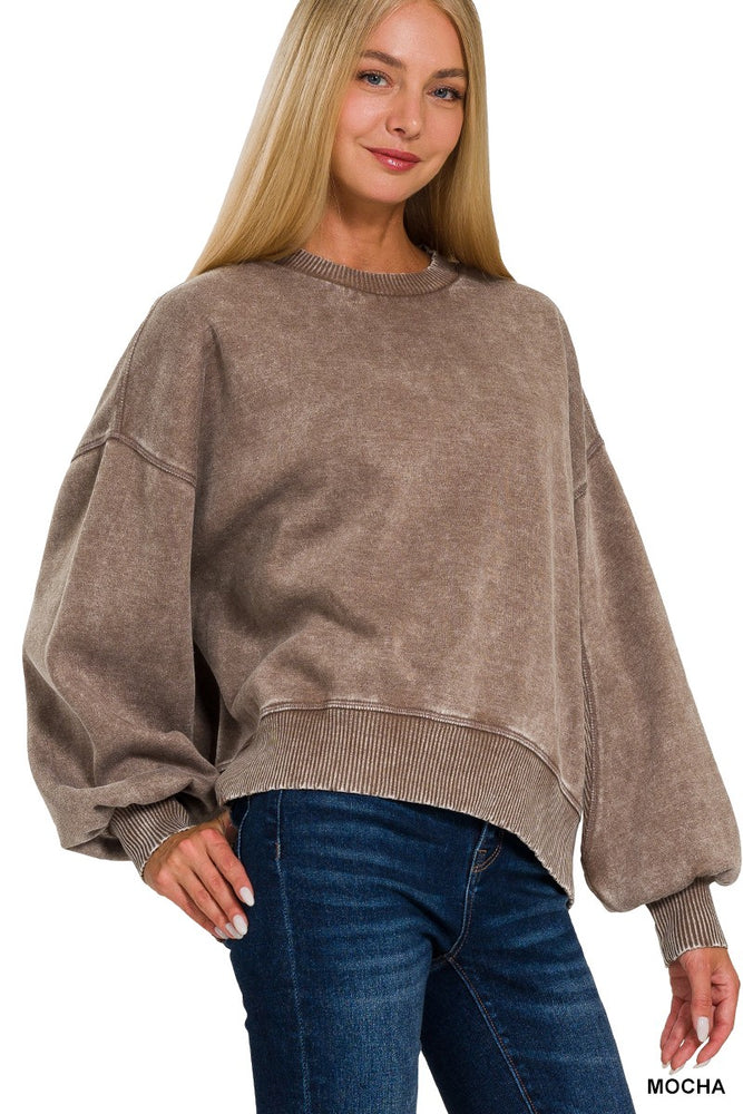 Zenana acid wash oversized fleece pullover in Mocha