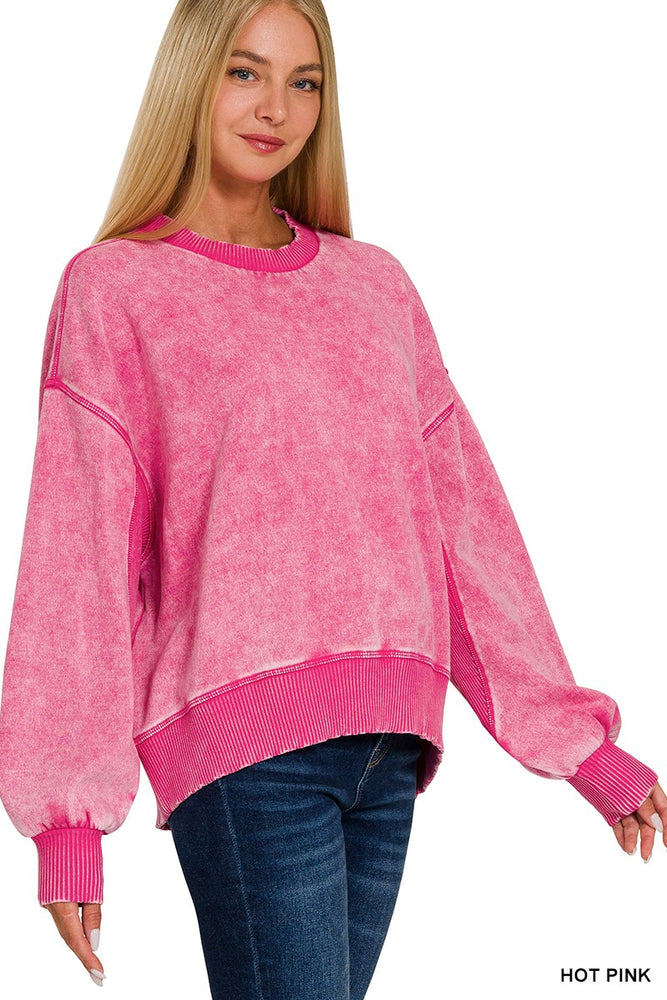 Zenana acid wash oversized fleece pullover in Hot Pink