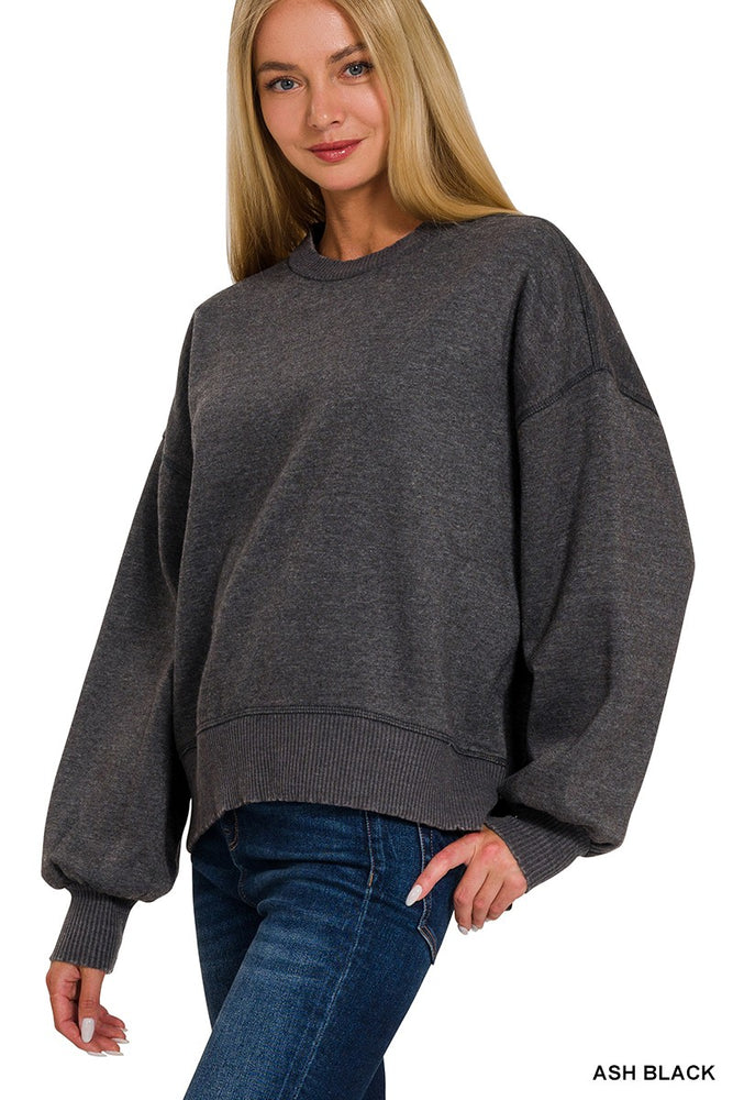 Zenana acid wash oversized fleece pullover in Ash Black