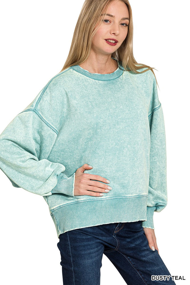 Zenana acid wash oversized fleece pullover in Dusty Teal