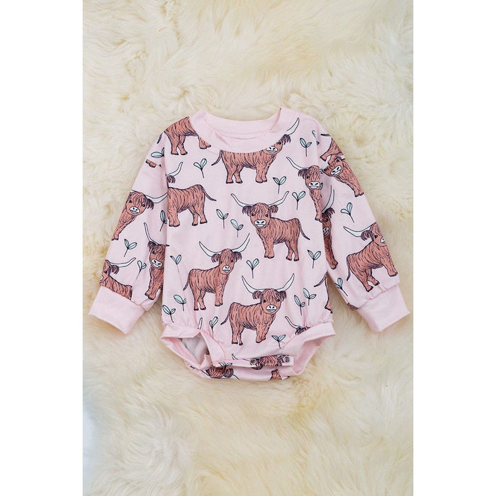 Highland Cow On Pink Printed Baby Romper.