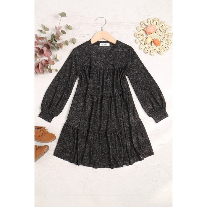 Kids Puff Long Sleeve Tiered Hacci Brushed Dress