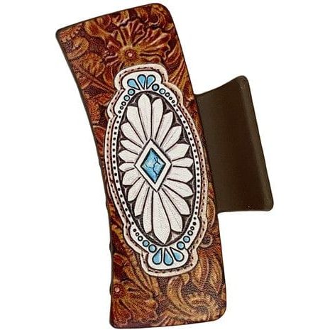 Western Aztec Concho Flower Leather Hair Claw Clip