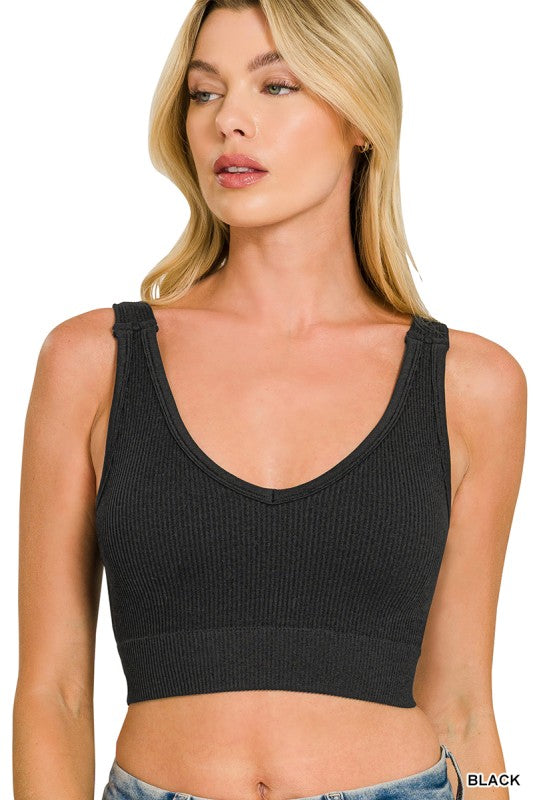 Seamless Ribbed Cropped Padded V-Neck Tank Zenana