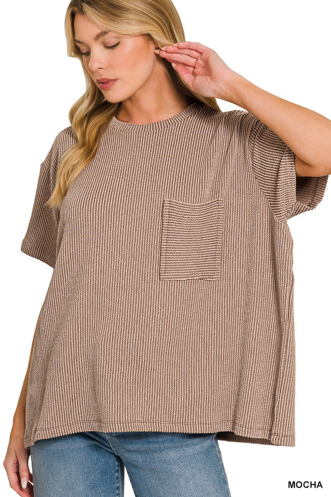 Corded Rib Short Sleeve Front Pocket Top Zenana