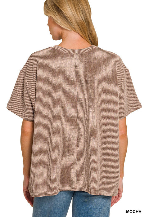 Corded Rib Short Sleeve Front Pocket Top Zenana