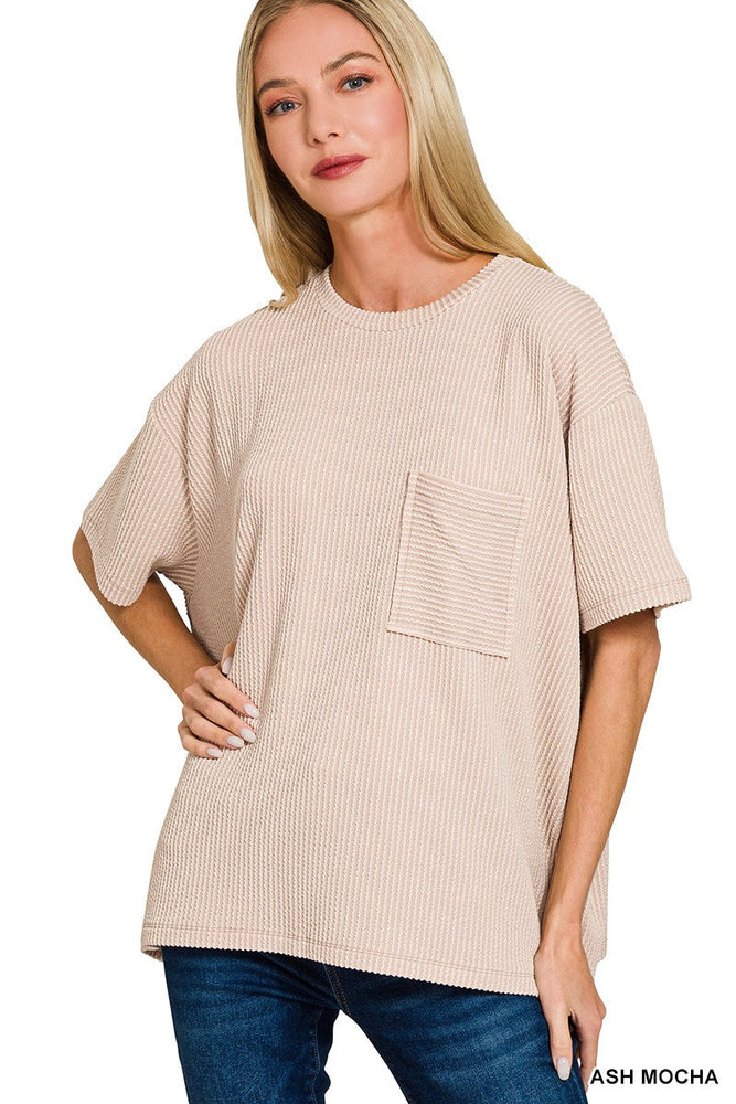 Corded Rib Short Sleeve Front Pocket Top Zenana