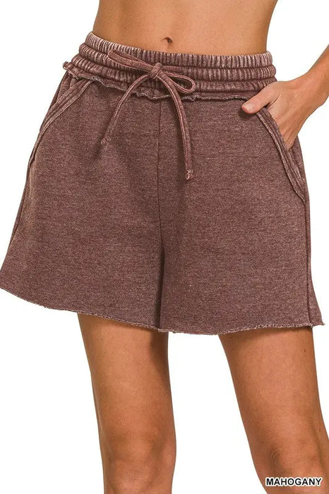 Acid Wash Fleece Drawstring Shorts With Pockets