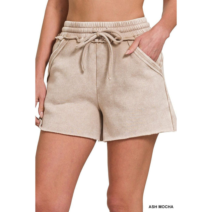 Acid Wash Fleece Drawstring Shorts With Pockets