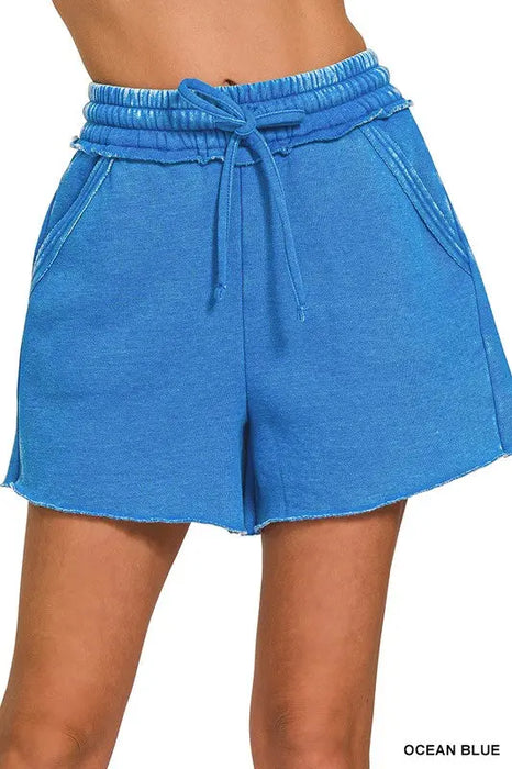 Acid Wash Fleece Drawstring Shorts With Pockets