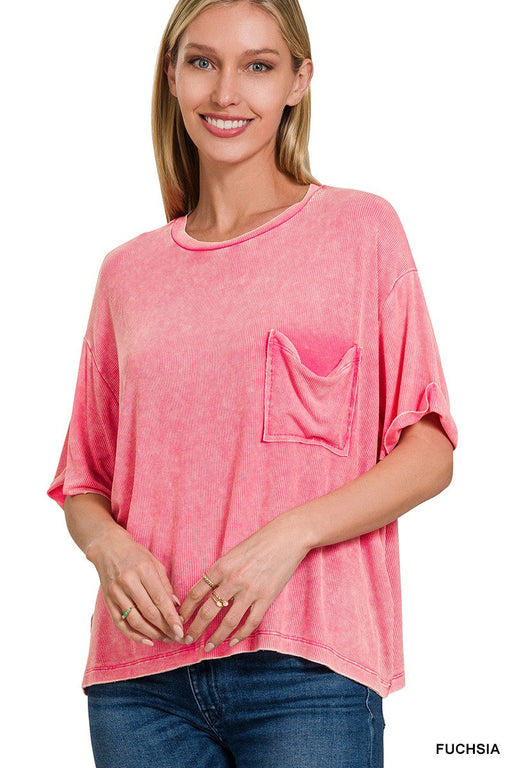 Washed Ribbed Cuffed Short Sleeve Round Neck Top Zenana