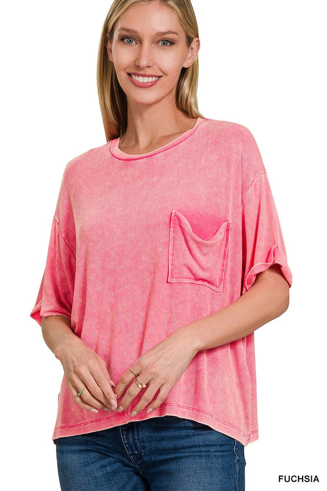 Washed Ribbed Cuffed Short Sleeve Round Neck Top Zenana