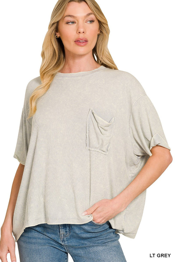 Washed Ribbed Cuffed Short Sleeve Round Neck Top Zenana