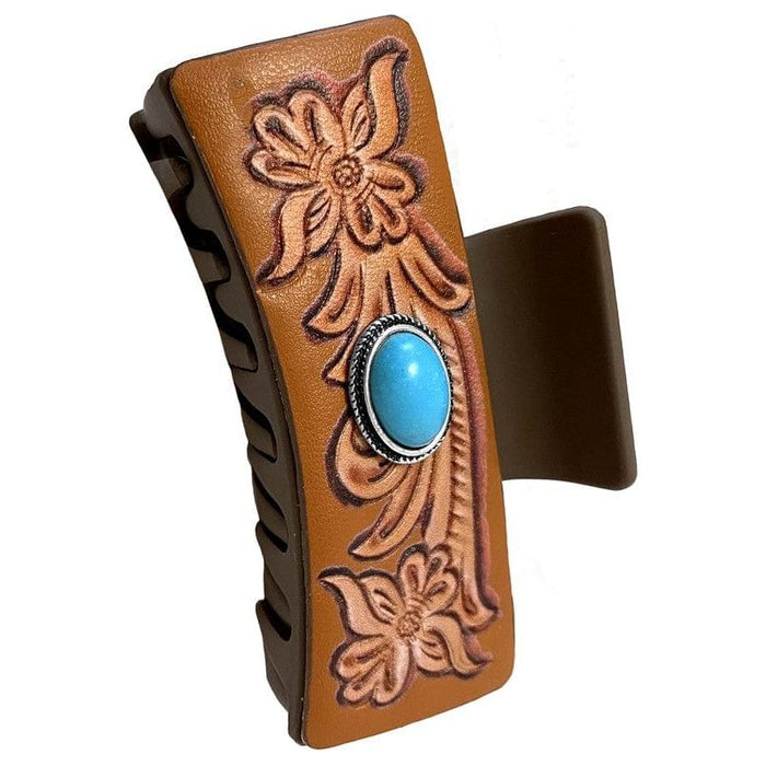 Western Conch Gemstone Paisley Leather Hair Claw Blonde Bull