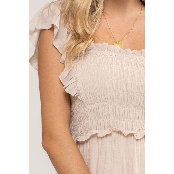 Smocked Ruffle Sleeve Midi Dress