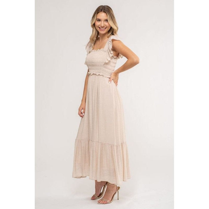 Smocked Ruffle Sleeve Midi Dress