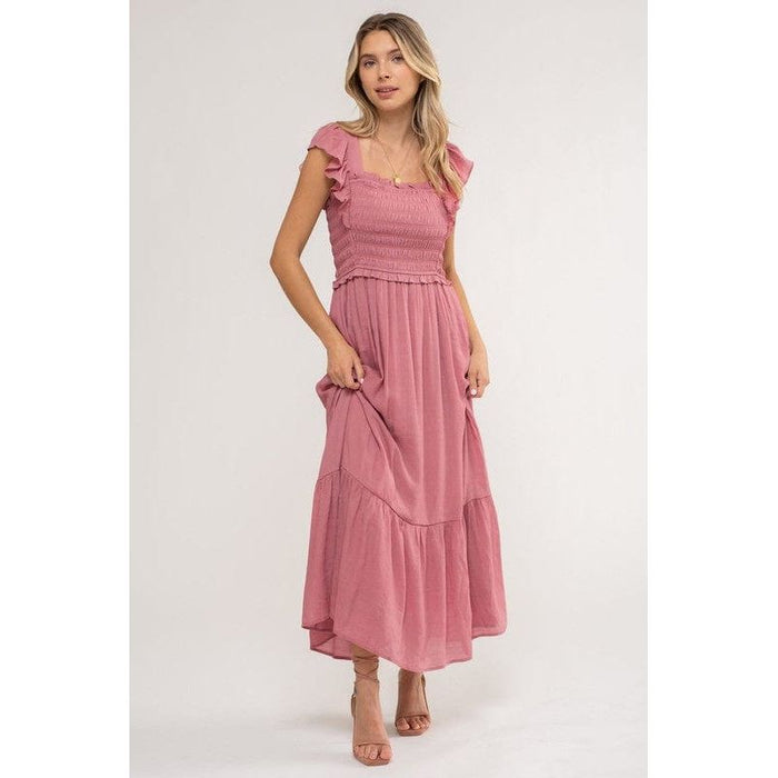 Smocked Ruffle Sleeve Midi Dress