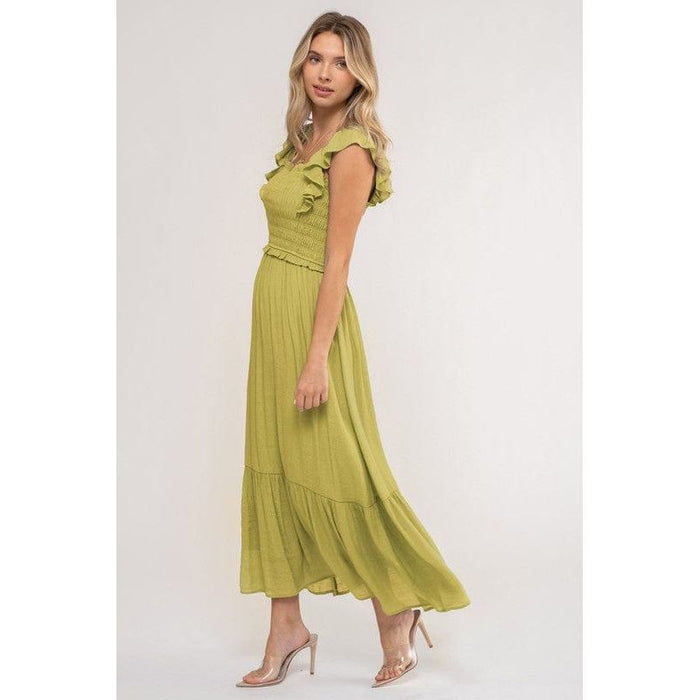 Smocked Ruffle Sleeve Midi Dress