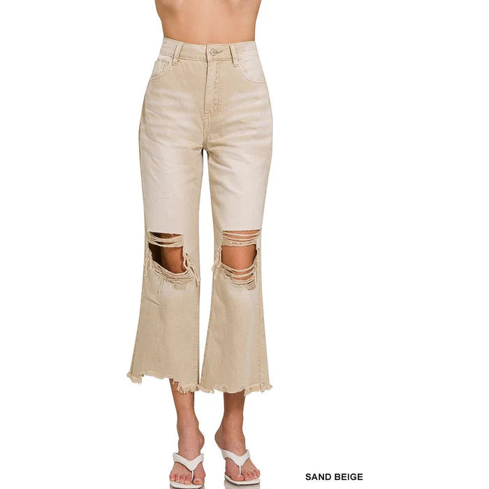 Washed Distressed Cropped Jeans