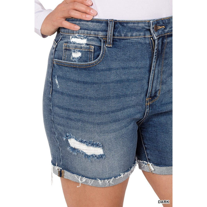 Plus Distressed Cuffed Raw Hem Denim Shorts