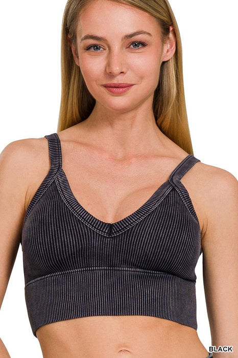Stone Washed V Neck Seamless Cropped Bra Top