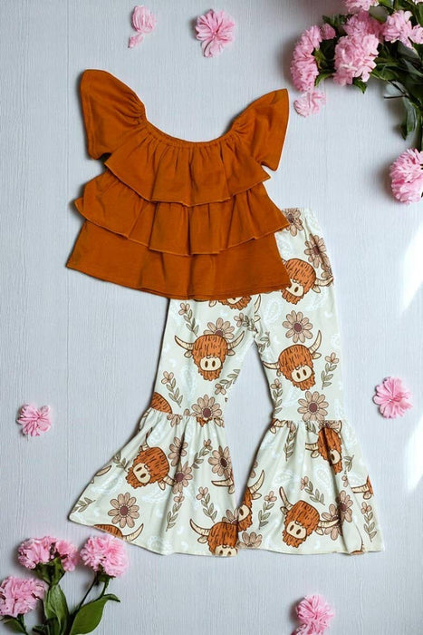 Brown off shoulder top cow printed bell bottom 2pc girls set
