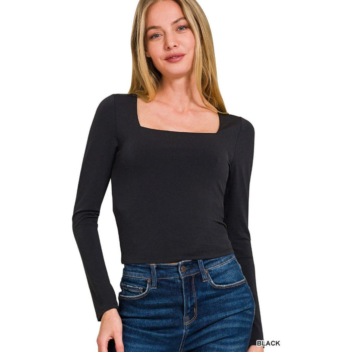 Double Layered Square Neck Fitted Long Sleeve Top
