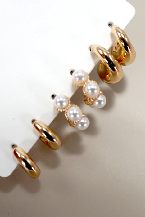 Huggie Pearl Gold Hoop Earrings Trio Set