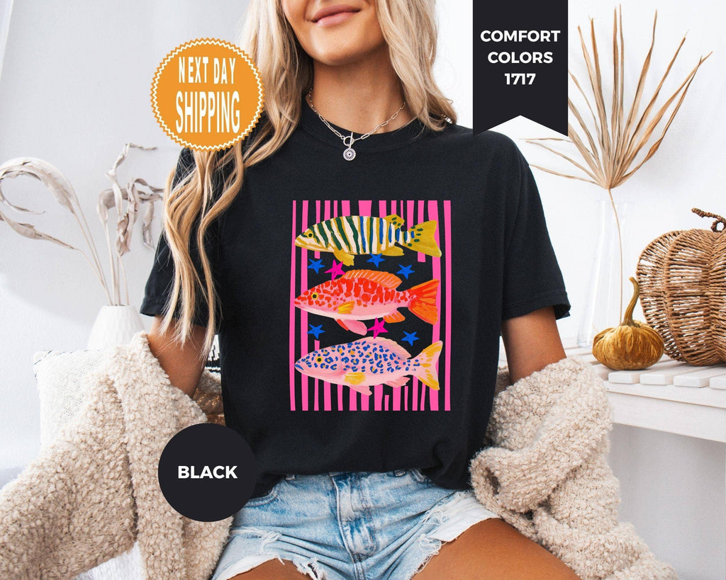 Comfort Colors Colorful Fish Shirt, Pink Striped Ocean Tee