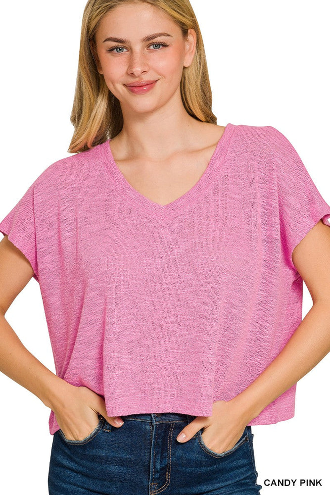 V-neck Drop Shoulder Crop Top Zenana