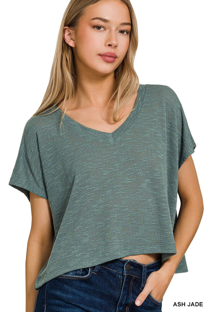 V-neck Drop Shoulder Crop Top Zenana