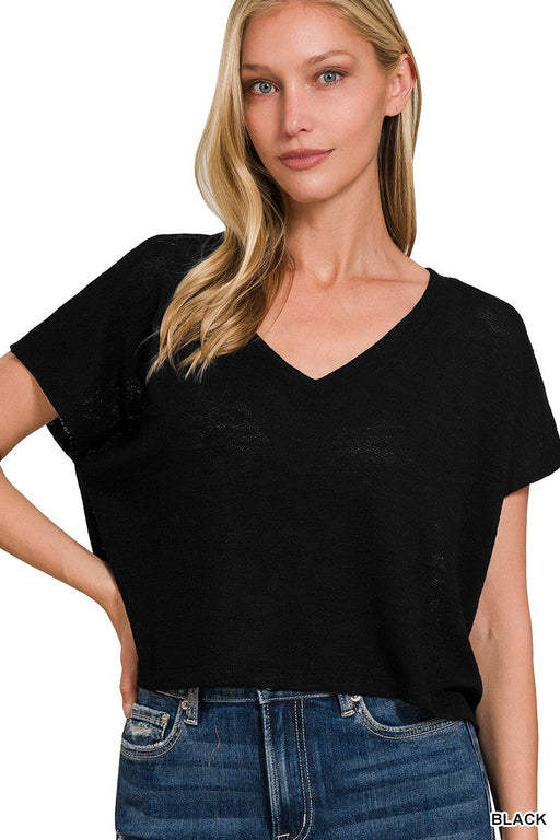 V-neck Drop Shoulder Crop Top Zenana