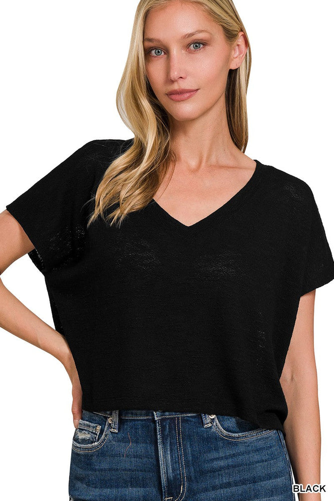 V-neck Drop Shoulder Crop Top Zenana
