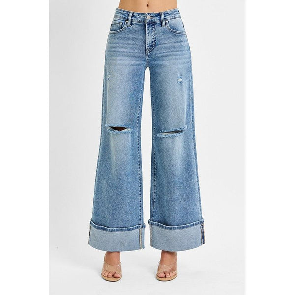 Tummy Control Mid Rise Wide Cuffed Jeans