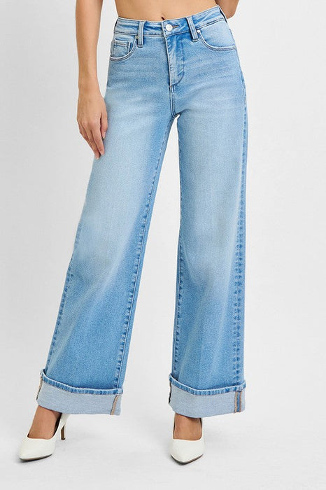 Tummy Control High Rise Long Inseam Wide Cuffed Risen Jeans