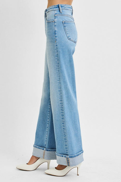 Tummy Control High Rise Long Inseam Wide Cuffed Risen Jeans