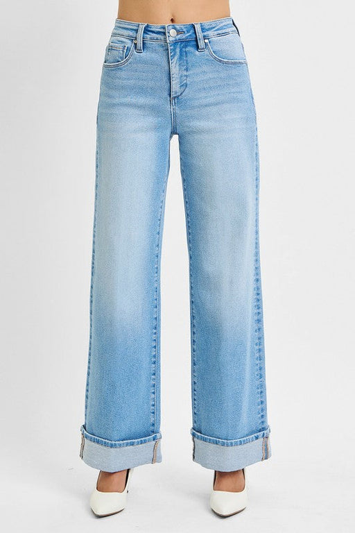 Tummy Control High Rise Long Inseam Wide Cuffed Risen Jeans