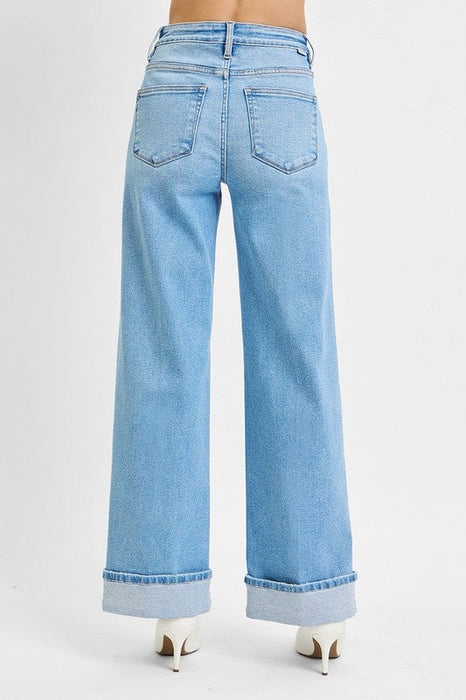 Tummy Control High Rise Long Inseam Wide Cuffed Risen Jeans