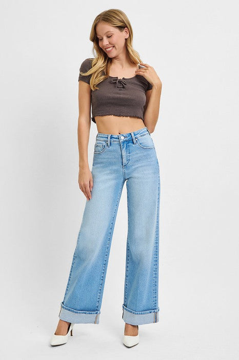 Tummy Control High Rise Long Inseam Wide Cuffed Risen Jeans