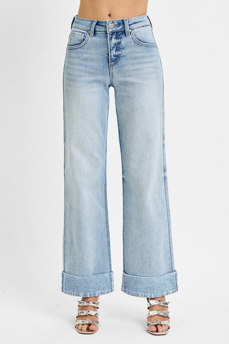 Tummy Control High Rise Ankle Wide Cuffed Jeans Risen