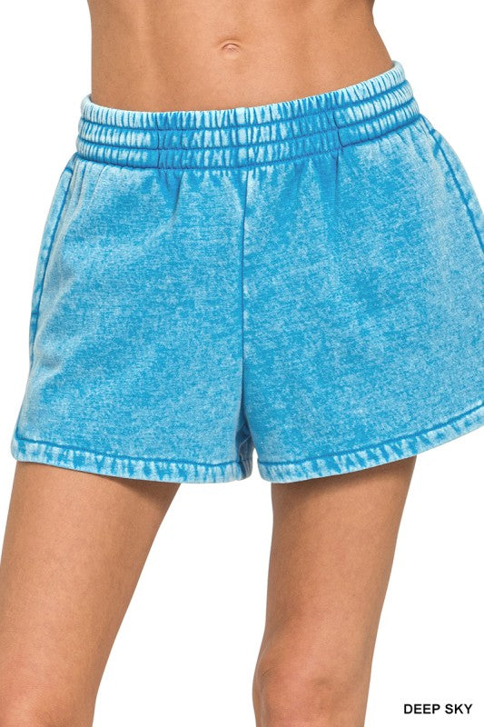 Acid Washed Elastic Waistband Dolphin Shorts Zenana