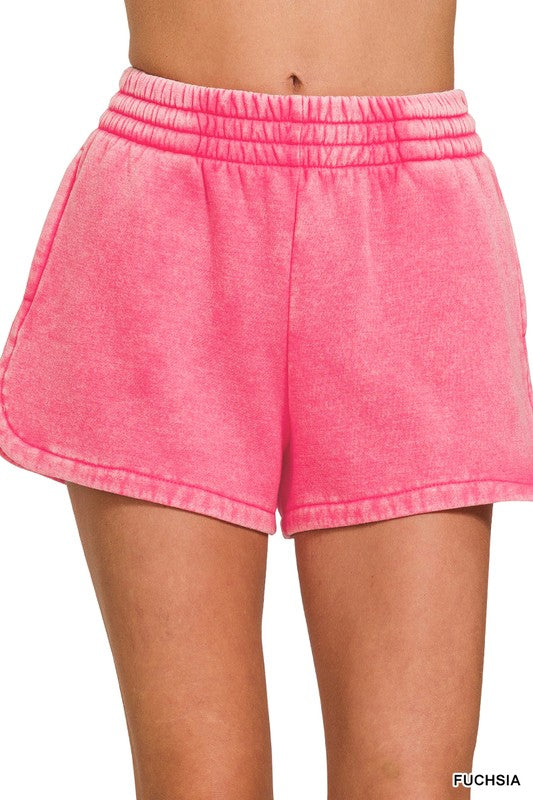 Acid Washed Elastic Waistband Dolphin Shorts Zenana