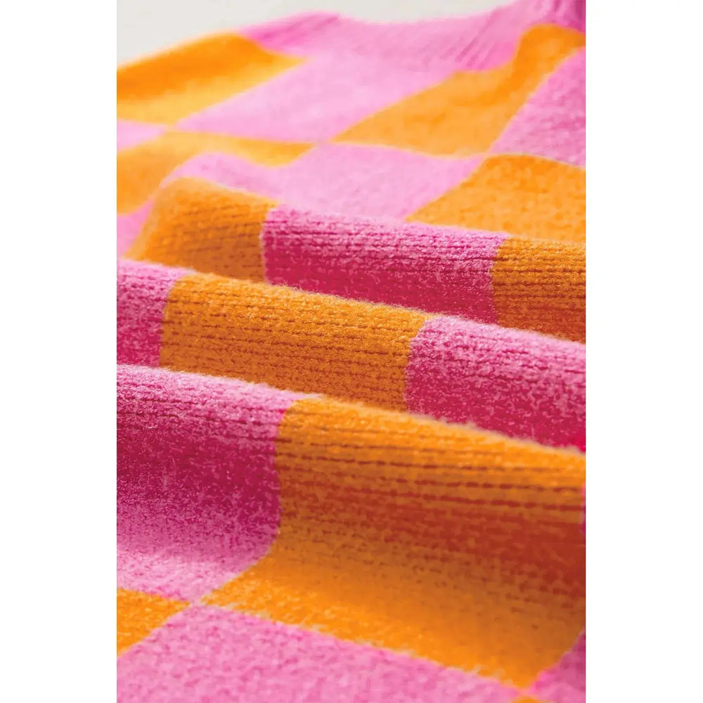 Strawberry Pink Colorblock Plaid Pattern Ribbed Trim Sweater Tank Top Dear lover