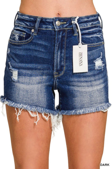 Dark Washed Raw Frayed Hem Denim Shorts Zenana