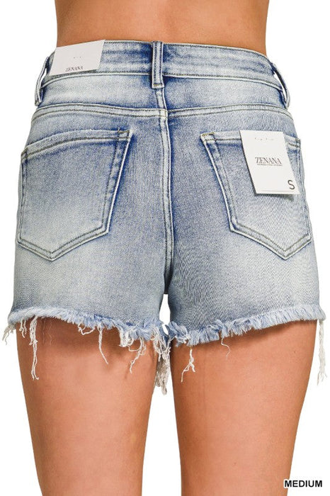 Medium Washed Raw Frayed Hem Denim Shorts Zenana