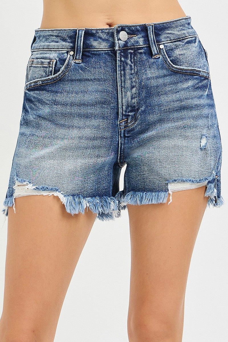 High Rise Distressed Washed Step Side Hem Shorts